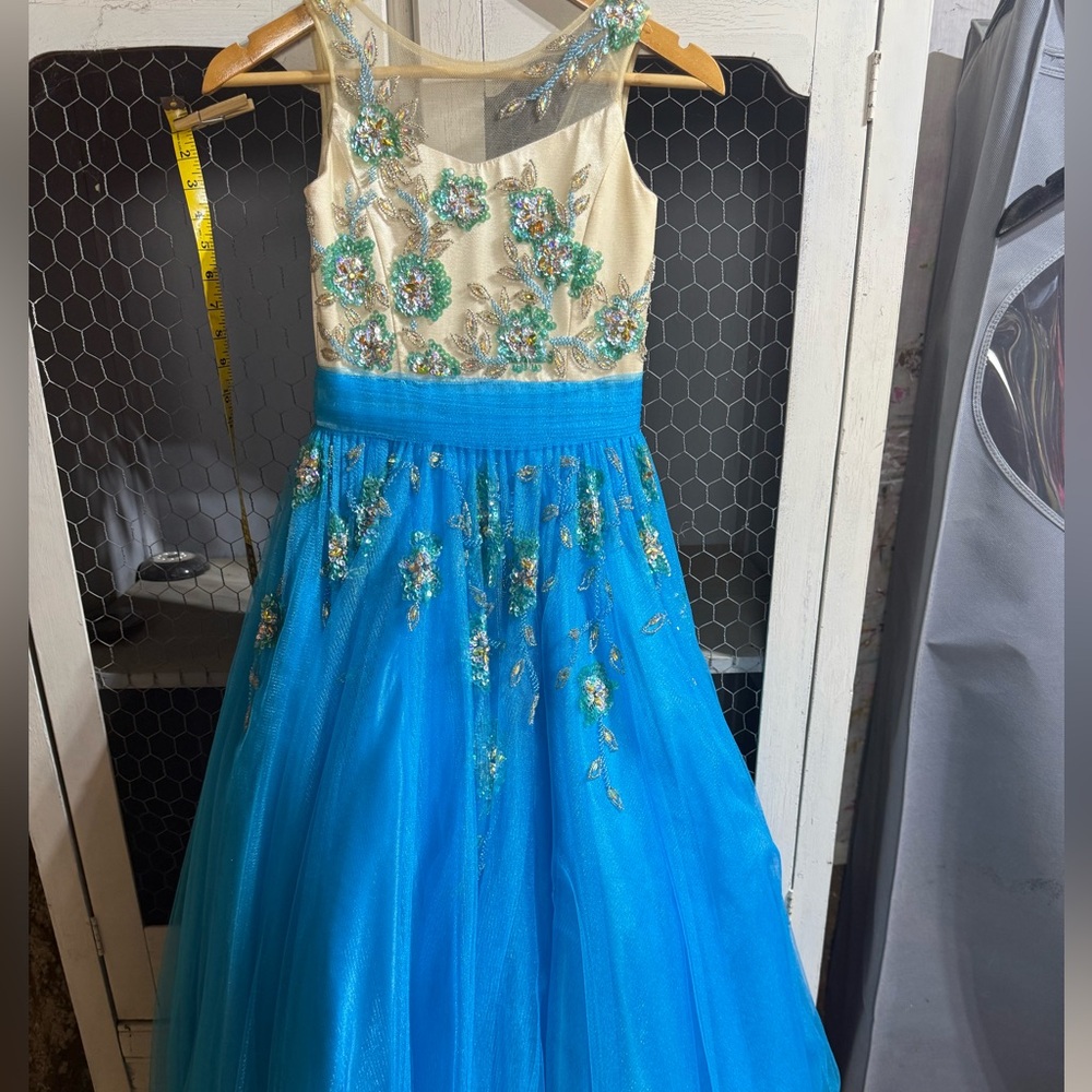 Charming Floral Kids Girls Pageant Dress in Blue and Cream